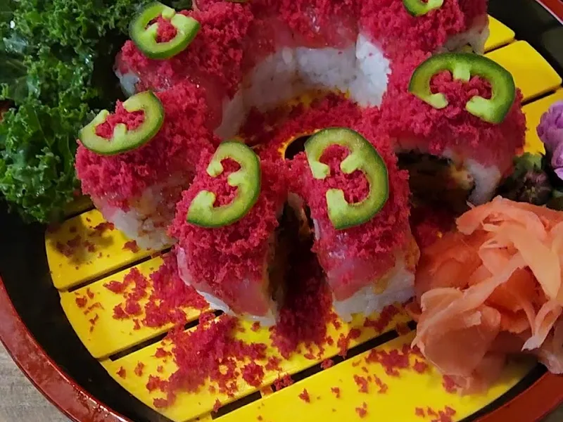 Tuna and salmon sashimi plate with salmon rose at Kasabi